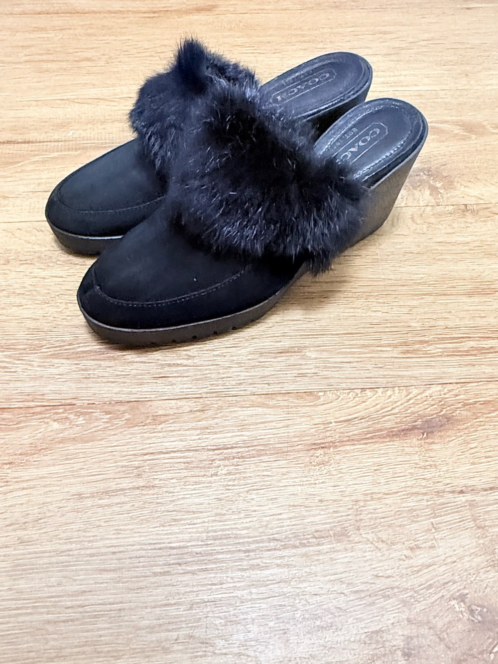 Coach Black Faux Fur Wedge Mules
